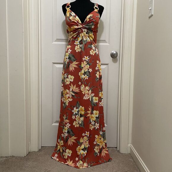 NEW Derek Heart Sleeveless Maxi Dress Coral Tropical Floral Boho Stretch‎ Large - Picture 1 of 10